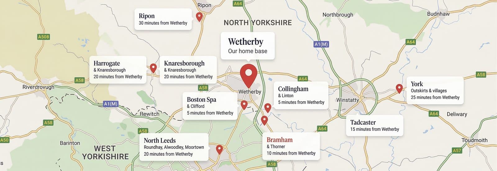 Map showing areas covered by The Wetherby Plumber including Boston Spa, Collingham, Harrogate, Knaresborough, Tadcaster, York, Ripon and North Leeds