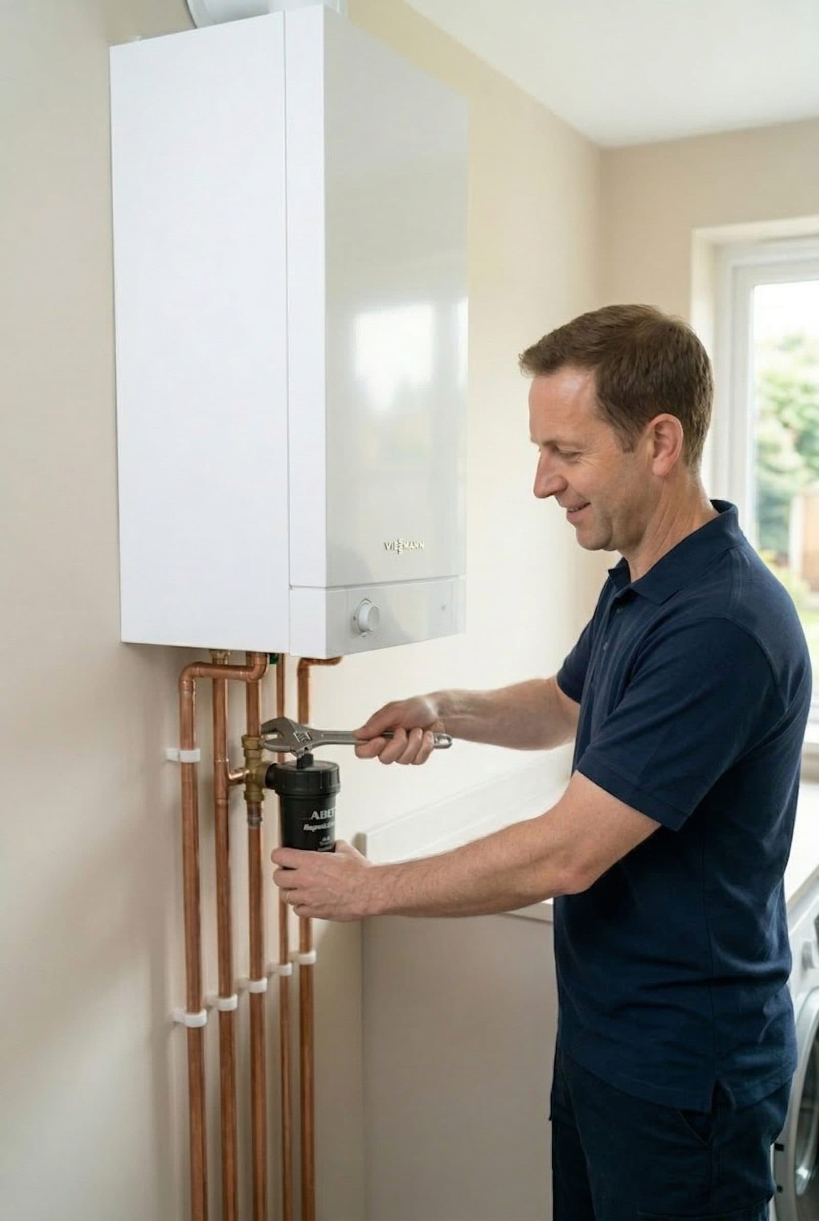Plumber installing a new boiler with MagnaClean filter and copper pipework — The Wetherby Plumber